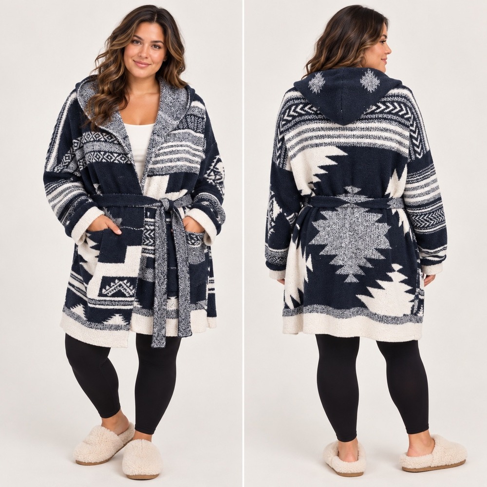 Barefoot Dreams CozyChic Cardigan Women's 3X Blue Boucle Aztec Tie Front Hood